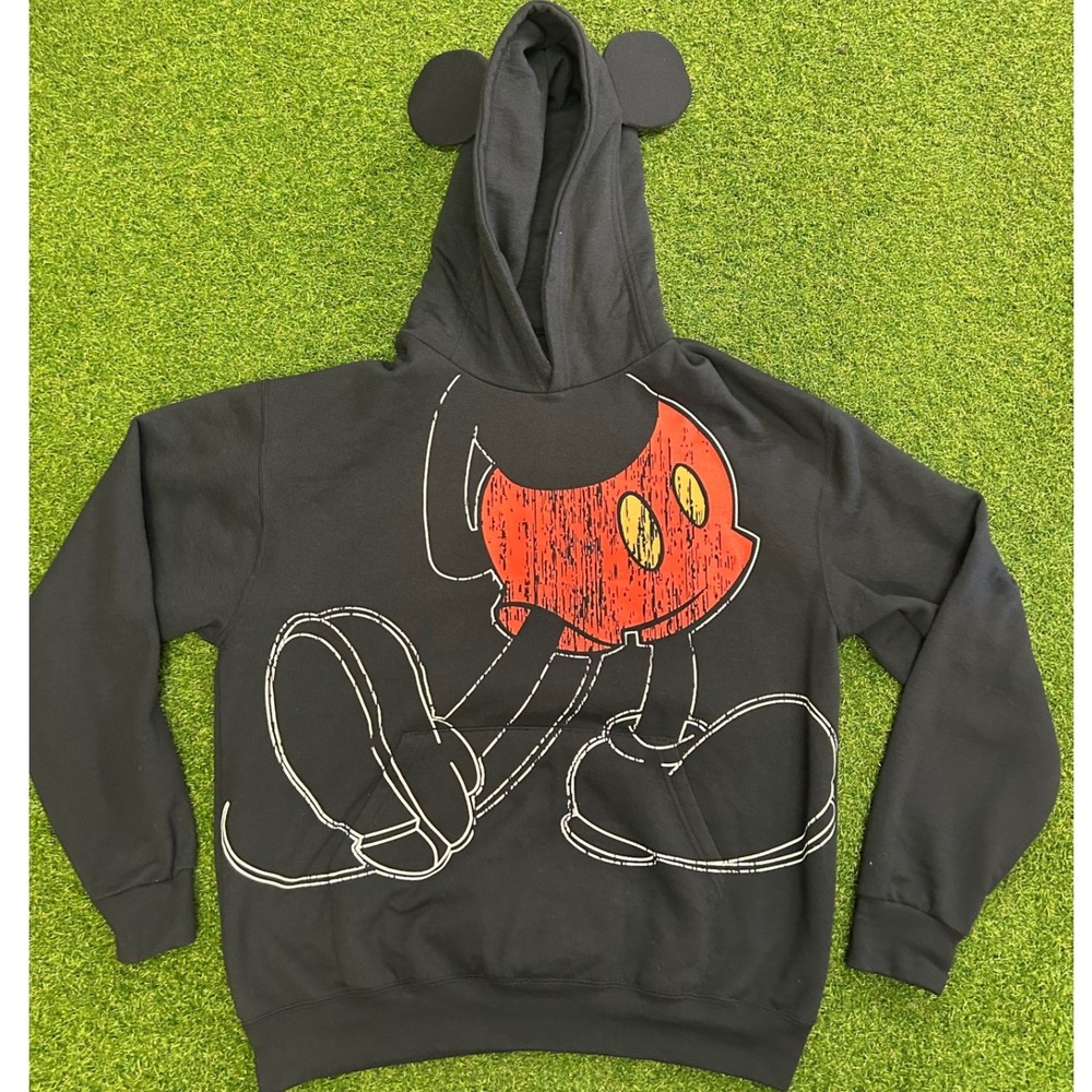 Disney Parks Mickey Mouse Ear Hoodie Black Distressed Graphic Pullover Large